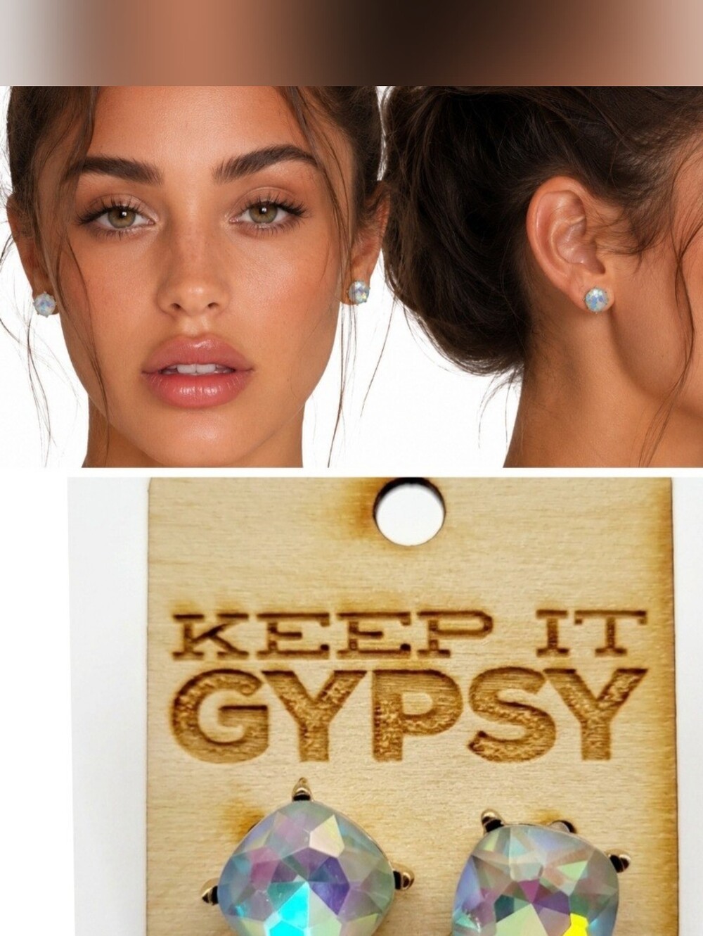 Nwt Keep It Gypsy Aurora Iridescent Cushion Cut Earrings Large Studs Crystal